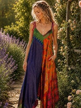 Jaded Gypsy Free Size Wide-Leg Colorblock Jumpsuit in Green, Blue & Orange